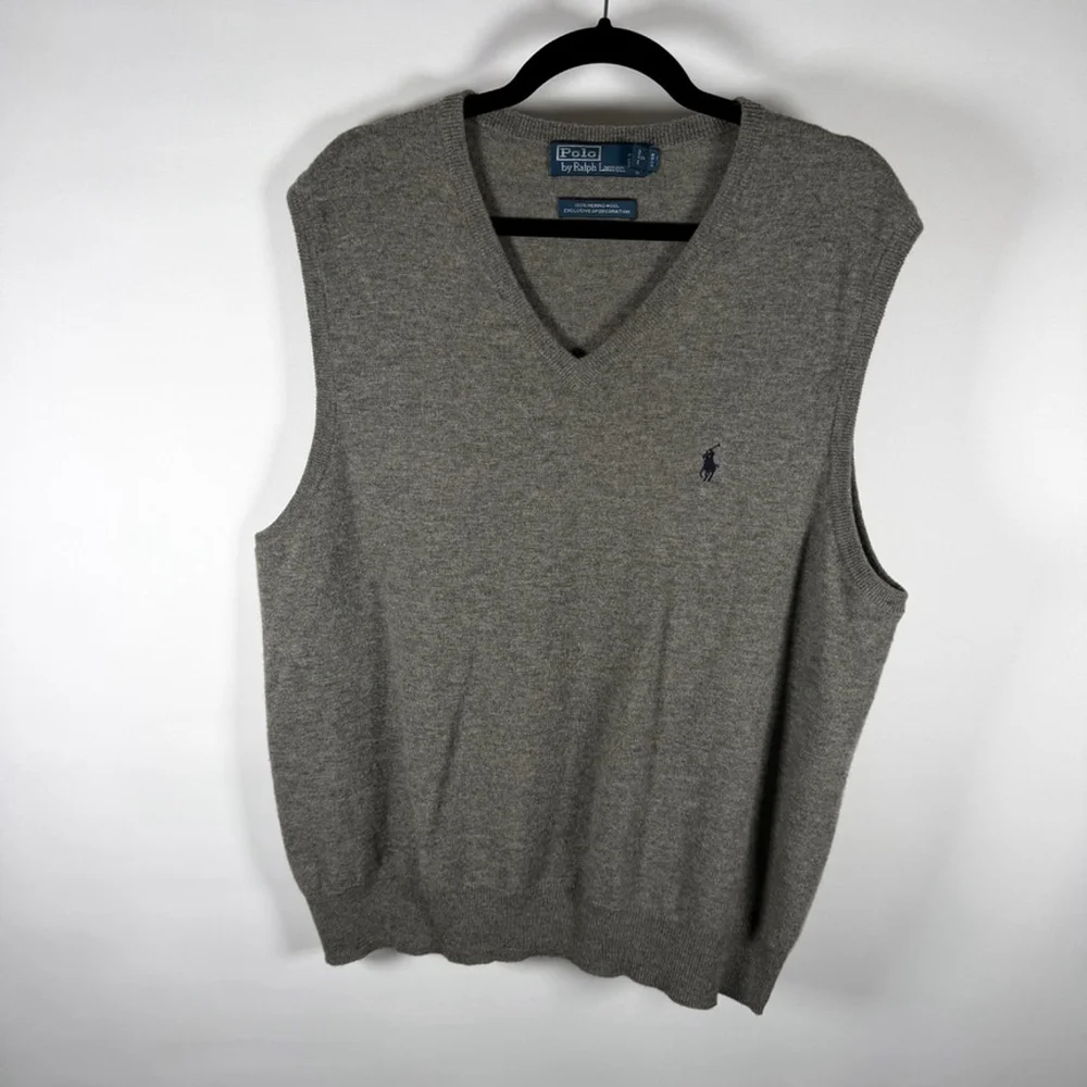 Polo Ralph Lauren Gray Sweater Vest Navy Polo Pony Merino Wool Preppy Size XL